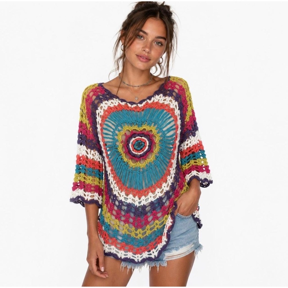Sioni Studio Crochet Knit Top Multicolor Bohemian Style Mandala Open Weave L/XL